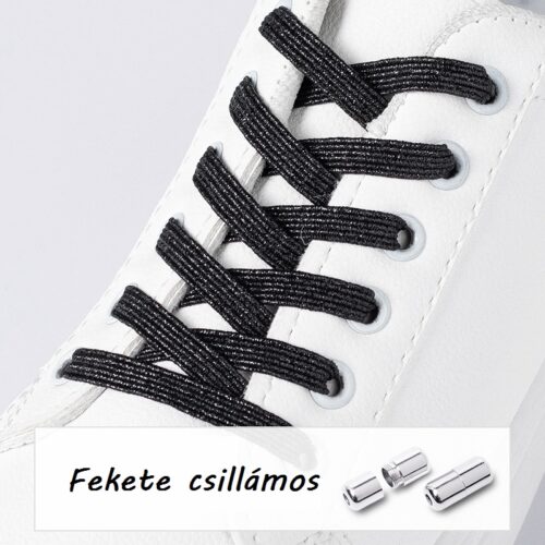 Elasztikus fekete csillámos cipőfűző (kötésmentes)
