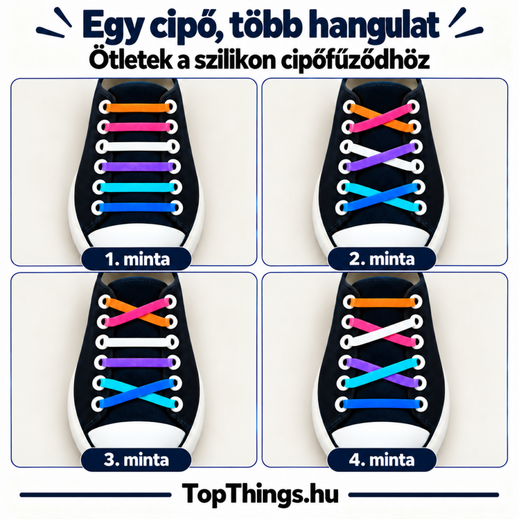 Négy szilikon cipőfűző befűzési minta színes pántokkal, 2×2-es elrendezésben.